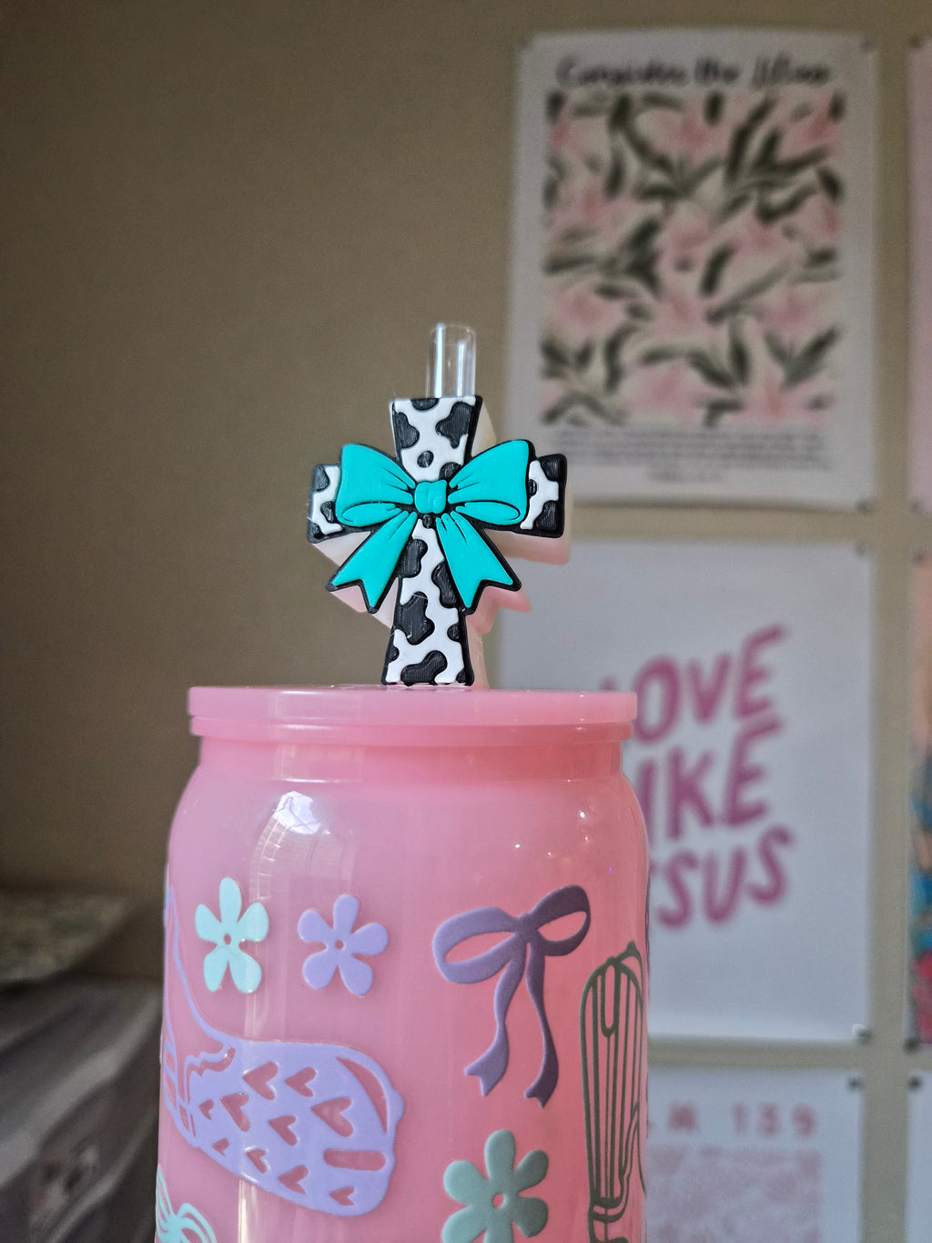 Straw Topper | Cow Print Cross with Turquoise Bow