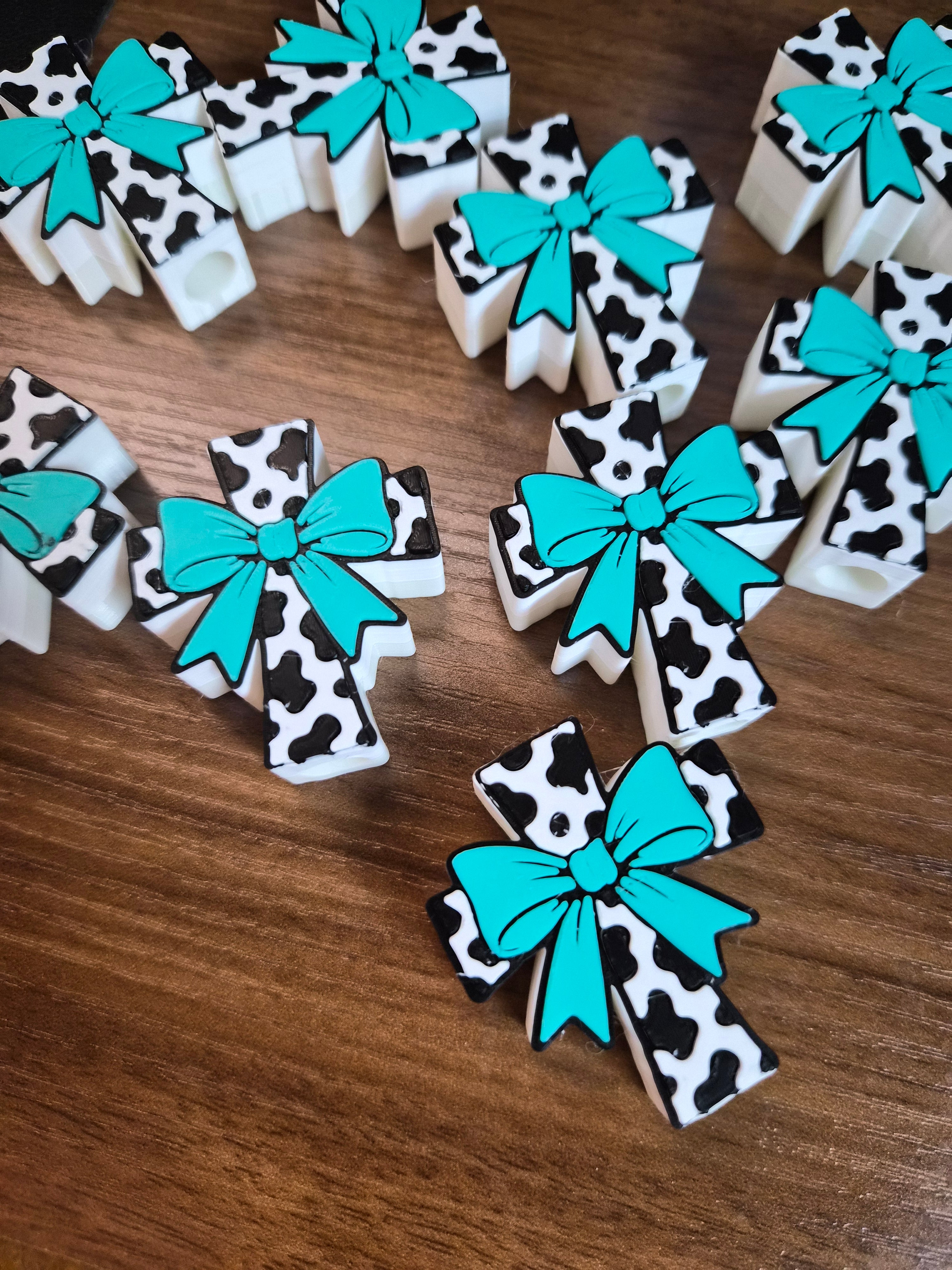 Straw Topper | Cow Print Cross with Turquoise Bow