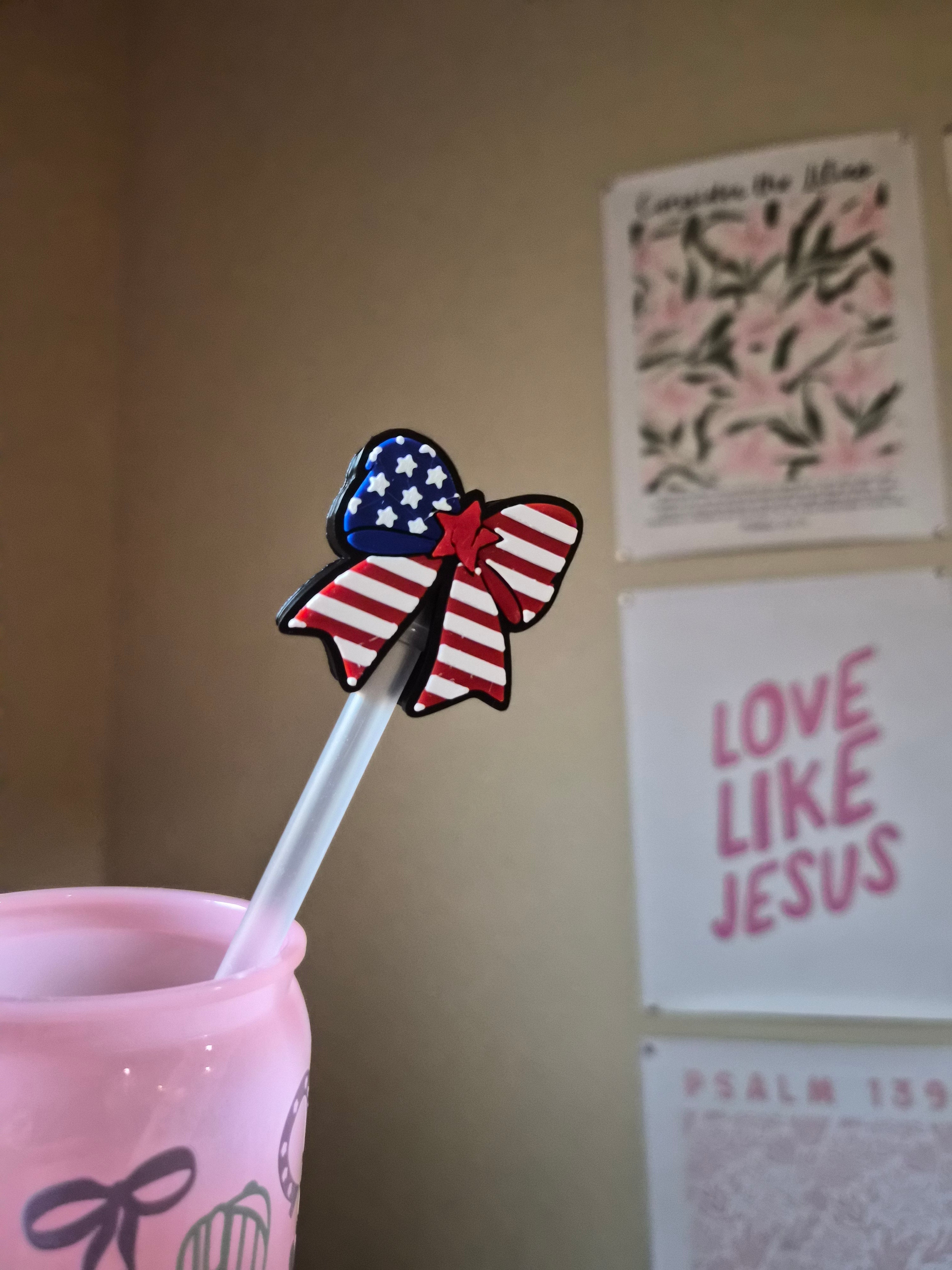 Straw Topper | July 4th Red White and Blue Bow