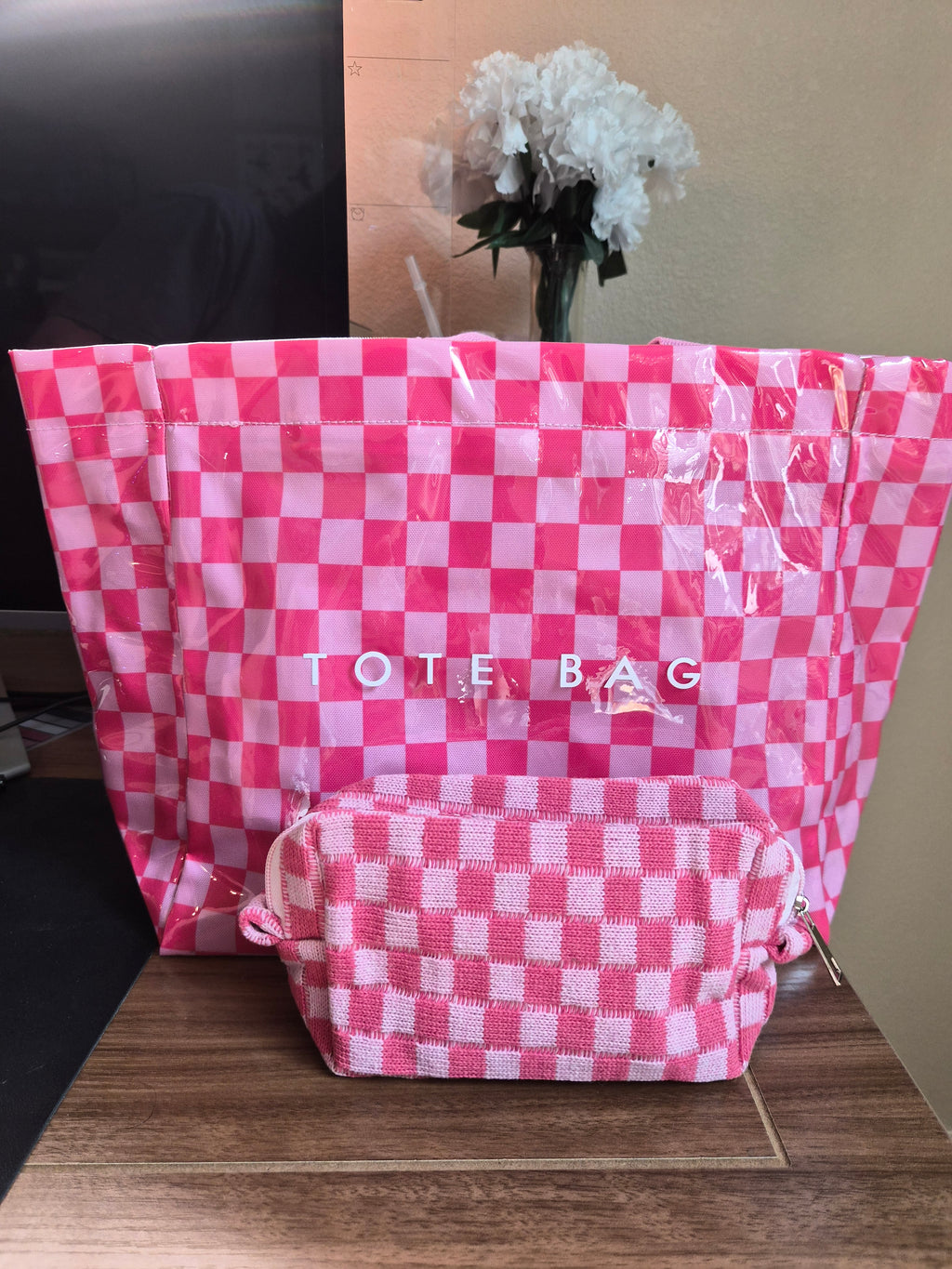 Pink Checkered Tote Bible Bag with Matching Inside Bag
