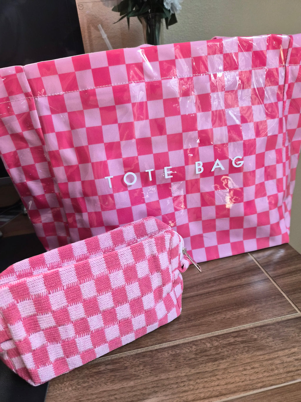 Pink Checkered Tote Bible Bag with Matching Inside Bag