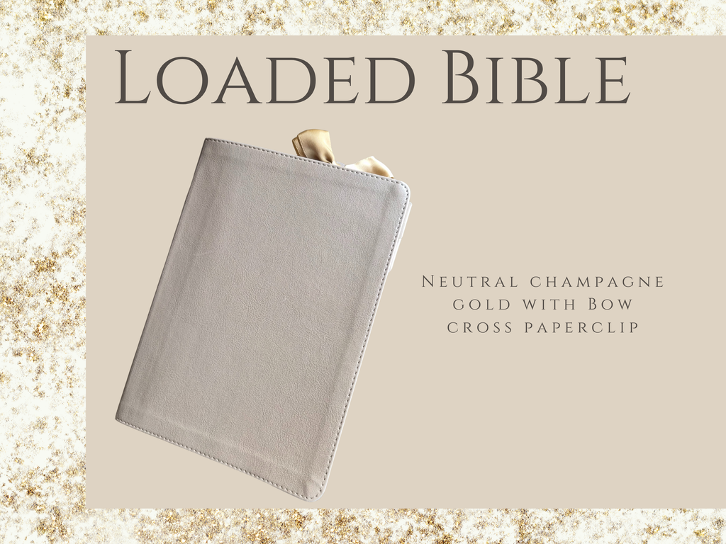 She Reads Truth Loaded Journaling Bible | CSB | Champagne Gold with hand-placed Beige and Gold Tabs and Golden Bow Cross Paperclip